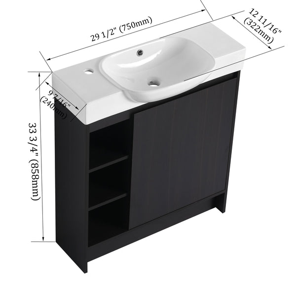 English Elm 30'' Freestanding vanity with white ceramic sink, soft-close doors, water-resistant melamine finish, modern handle design Dark Oak W999P310760