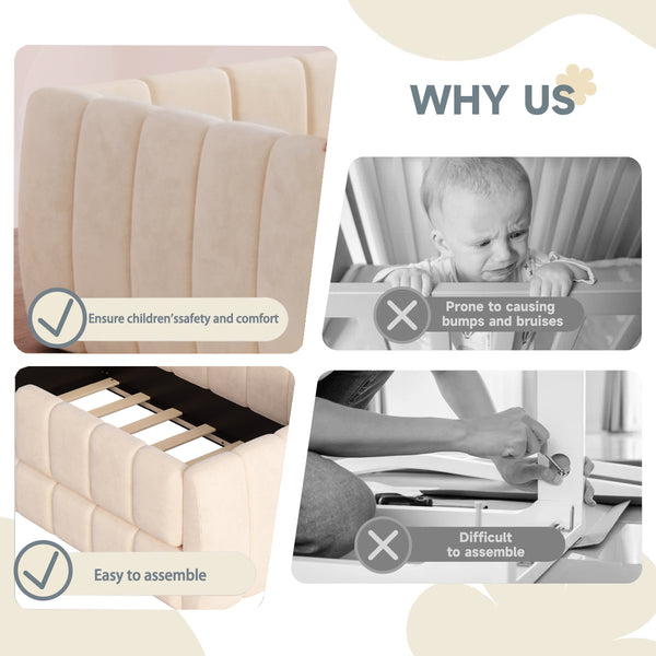 English Elm Upholstered Velvet Toddler Daybed with Removable Guardrails and Solid Slat Support Beige N899P452426A