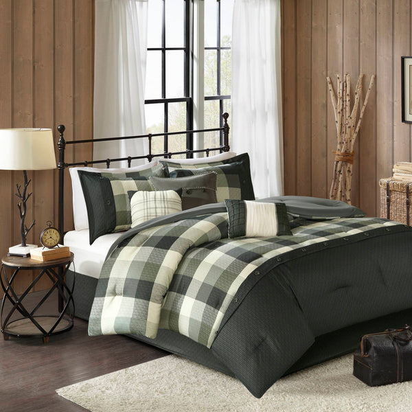 JLA Home Madison Park - 7 Piece Herringbone Comforter Set Buffalo Plaid Bedding Ensemble with Shams Pillows Bed Skirt Cozy Lodge Style MP10-4678