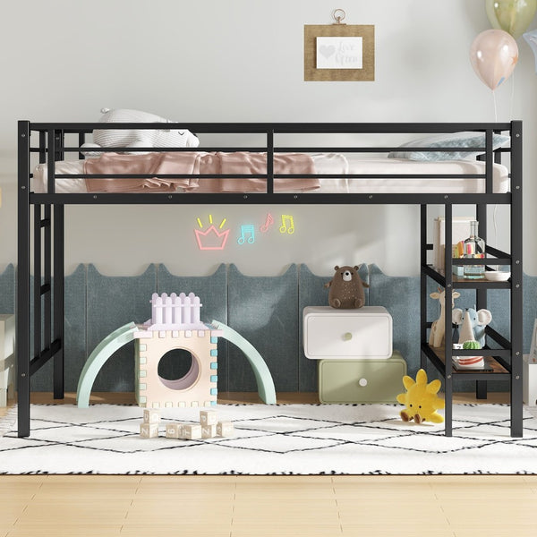 English Elm Twin Metal Loft Bed With Storage Shelf, Safe Climbing Ladder, Guardrails & Space-Saving Design For Kids W1580P309652-GIGA
