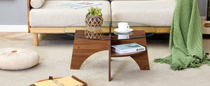 English Elm Round Tempered Glass Coffee Table with Fan Pedestal Base for Modern Living Rooms Transparent,Walnut W1151P256004
