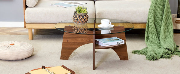English Elm Round Tempered Glass Coffee Table with Fan Pedestal Base for Modern Living Rooms Transparent,Walnut W1151P256004
