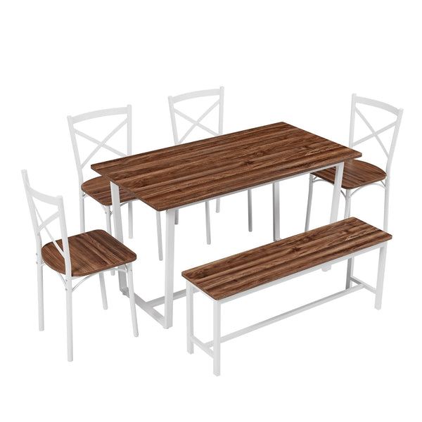 English Elm 6-Piece Dining Set with Metal Frame and MDF Tabletop, Sturdy Bench & Chairs, Modern Compact Design Dark Walnut W578P333495