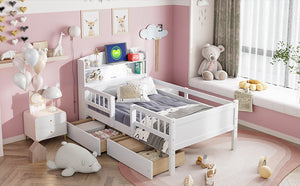 English Elm Wood Twin Size Platform Bed with Built-in LED Light, Multifunctional Headboard, Guardrail & Storage Drawers White N709P243969K