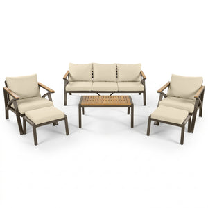 English Elm 6-piece Outdoor Conversation Set with Acacia Wood Accents and Steel Frame Patio Seating Brown,Cream Beige N704G201256A