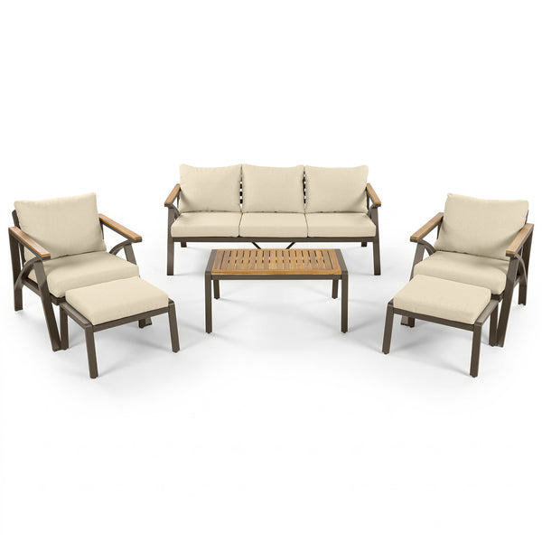 English Elm 6-piece Outdoor Conversation Set with Acacia Wood Accents and Steel Frame Patio Seating Brown,Cream Beige N704G201256A