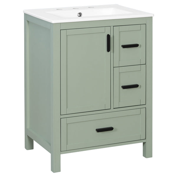 English Elm Modern 24 Inch Bathroom Vanity Solid Wood Cabinet with Ceramic Sink and Soft Close Storage Green N729P292859F