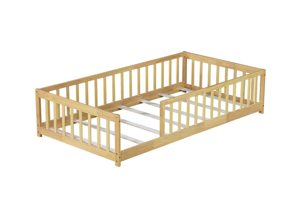 English Elm Twin Size Rubberwood Floor Bed with Safety Fence for Toddler Rooms Natural Finish W504P370528
