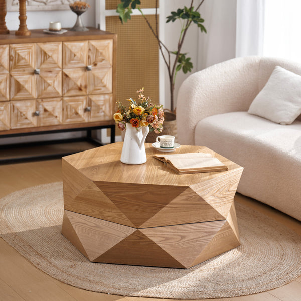 English Elm 36.61'' Polygon Flip Top Coffee Table Wood Veneer Hidden Storage Retro Living Room W757P347495