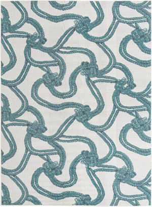 Unique Loom Outdoor Coastal Tethered Machine Made Solid Print Rug Ivory, Navy Blue/Green 9' 0" x 12' 2"