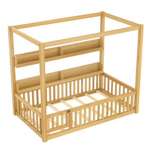 English Elm Twin House Floor Bed with Door and Full-Length Guardrails, Solid Wood Double Twin Floor Bed for Kids' Playful Rooms Natural W1580P359329