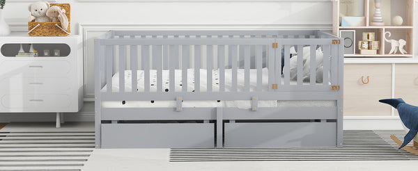 English Elm Full Size Pinewood Kids Daybed with Fence Rails Split Floor Bed and Storage Drawers Gray LP100882AAE