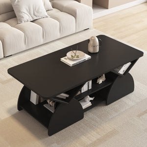 English Elm Engineered rounded corner rectangular coffee table with 6 cubbies, spacious tabletop, durable melamine finish Black W2899P372760