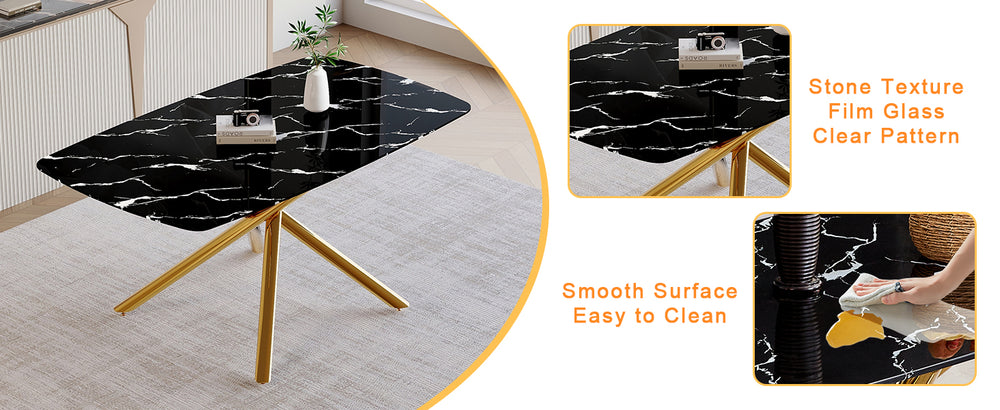 English Elm 63"x35.4" Luxurious Marble-Patterned Tempered Glass Dining Table with Gold Fork Legs, Scratch-Resistant Elegance Black+Gold W1151S03298