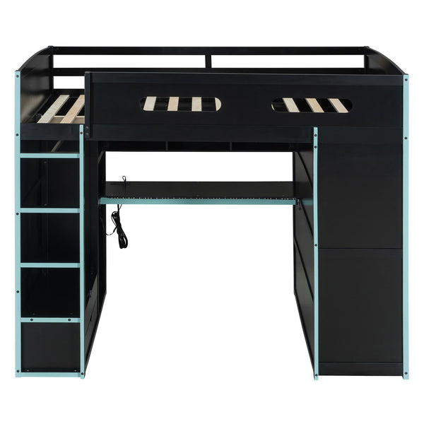 English Elm Full Size Gaming Loft Bed with Rgb Lighting Desk Wardrobe and Built-in Storage Blue LT100261AAC