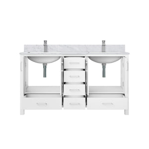 English Elm White Double Bath Vanity 60in W x 22in D with Carrara Marble Top, Chrome Faucet, Soft-Close Storage Durable B2731P259071