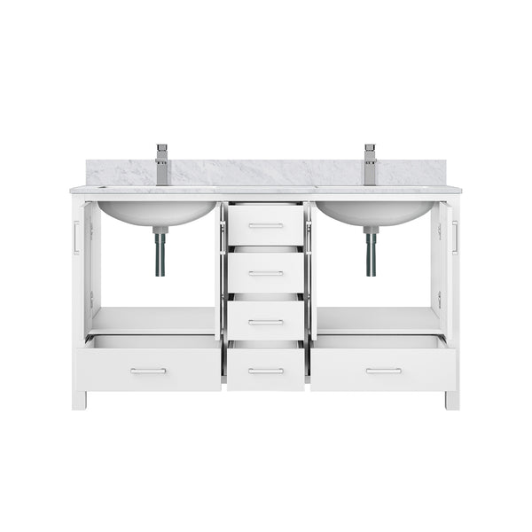 English Elm White Double Bath Vanity 60in W x 22in D with Carrara Marble Top, Chrome Faucet, Soft-Close Storage Durable B2731P259071