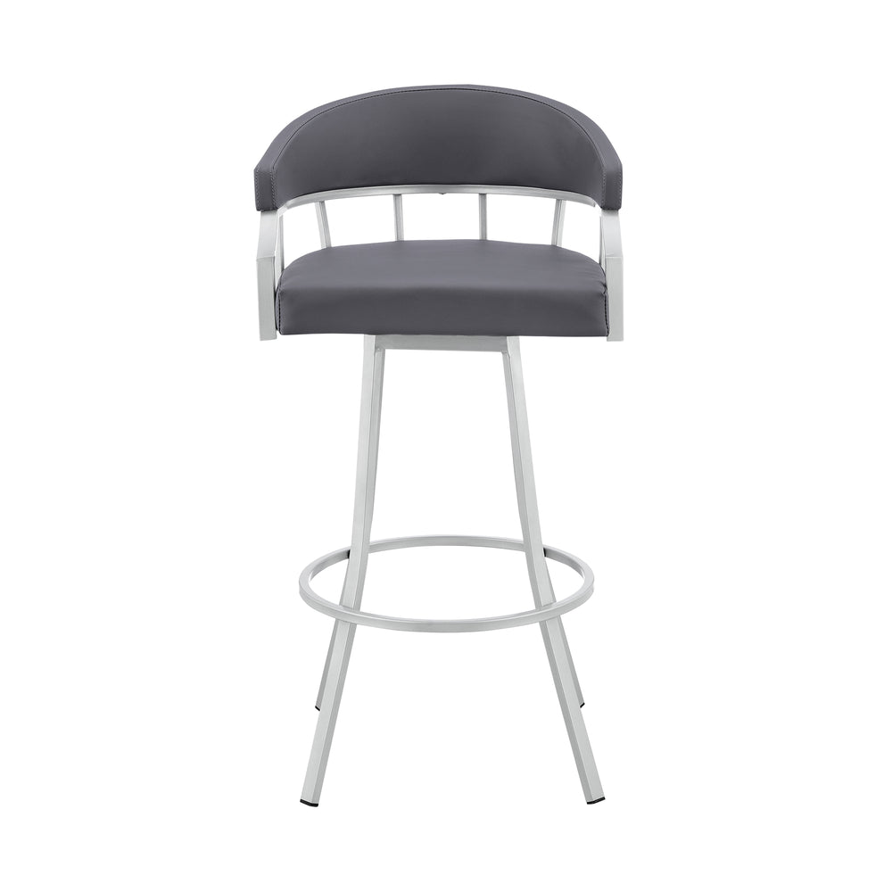 English Elm Wyden 30" Swivel Faux Leather Bar Stool with Brushed Metal Base, 360° Rotation, Footrest Gray B2736P268609