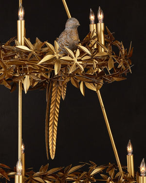 Currey & Company Aviary Gold Ring Chandelier - Elegant Botanical Design With Sculptural Birds And Adjustable Height Gold Wrought Iron ,Composite 9000-1321-currey-company