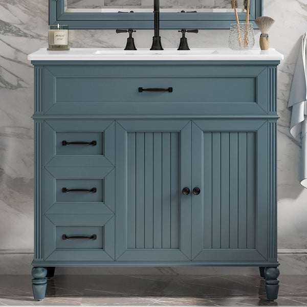 English Elm 36" Modern Bathroom Vanity with Ceramic Sink, Solid Wood + MDF Frame, Sleek Freestanding Design Blue N725P195410C