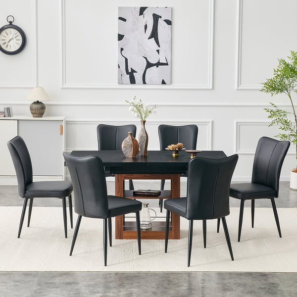 English Elm Expandable Dining Set with Six Pu Leather Chairs Dual Tone Modern Table W1151S04703