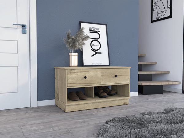 English Elm Tulip Light Oak Storage Bench with Two Drawers and Shelves — Modern Ergonomic Accent for Living Room Beige 40 L x 22 W x 6 H B128P148981