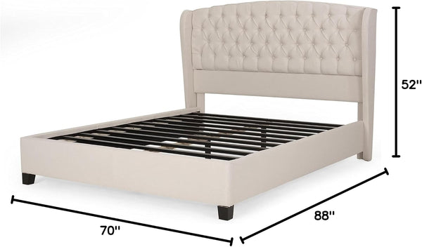 English Elm Christopher Knight Home® - Queen Upholstered Platform Bed Frame with Wingback Tufted Headboard, Birch Legs, Ivory, Spacious Elegance 60542.00-Q-H_60542.00-Q-P