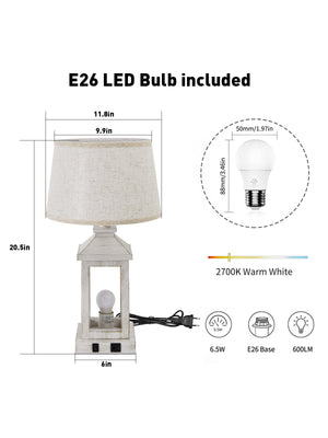 English Elm 20.5" Vintage Table Lamp Set of 2, White Gold Farmhouse Nightstand Lamps with Linen Shade, USB-C+A Ports and Soft Nightlight W2312P389976