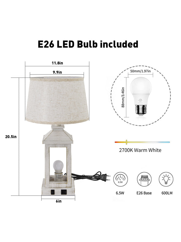 English Elm 20.5" Vintage Table Lamp Set of 2, White Gold Farmhouse Nightstand Lamps with Linen Shade, USB-C+A Ports and Soft Nightlight W2312P389976