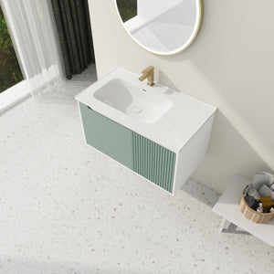 English Elm 36" Wall-Mounted Vanity with Ceramic Sink, Dual-Texture Wave Door, Soft-Close Hinges, Eco Plywood W999S00127