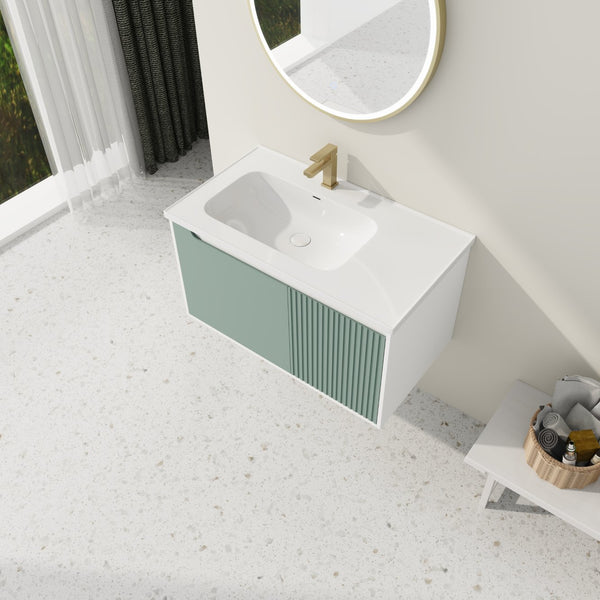 English Elm 36" Wall-Mounted Vanity with Ceramic Sink, Dual-Texture Wave Door, Soft-Close Hinges, Eco Plywood W999S00127