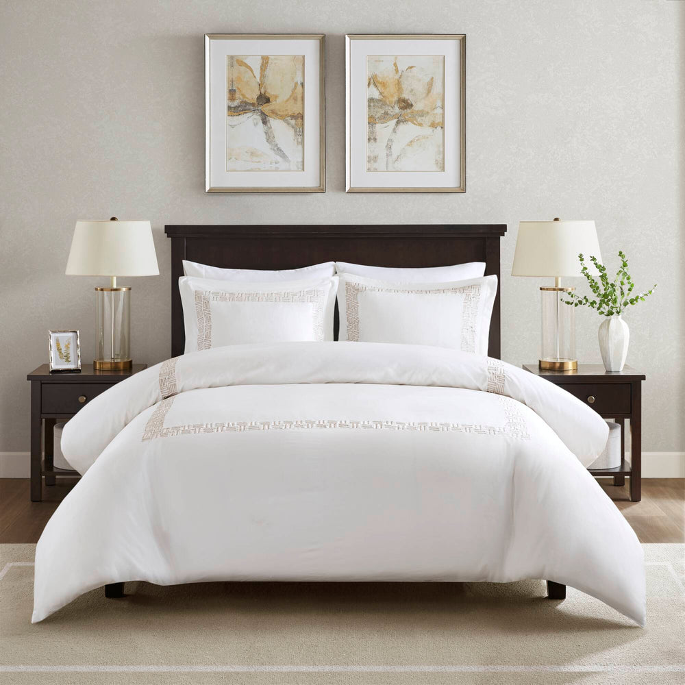 JLA Home Harbor House Blue - 3 Piece Cotton Sateen Embroidered Duvet Set with Gold Greek Fret Border, 300TC, Breathable Luxury 92 L x 104 W x 0.13H HH12-1874