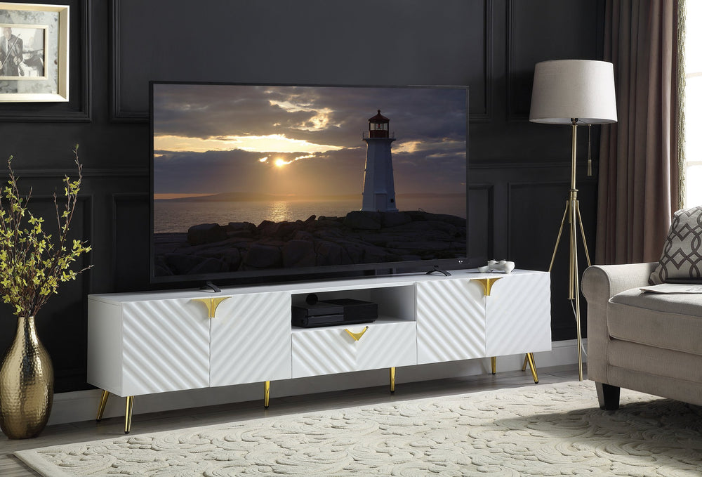 English Elm Gaines White High Gloss Entertainment TV Stand with Wave Design, Metal Legs, Cord Mgmt, 80" Capacity B2726P278171