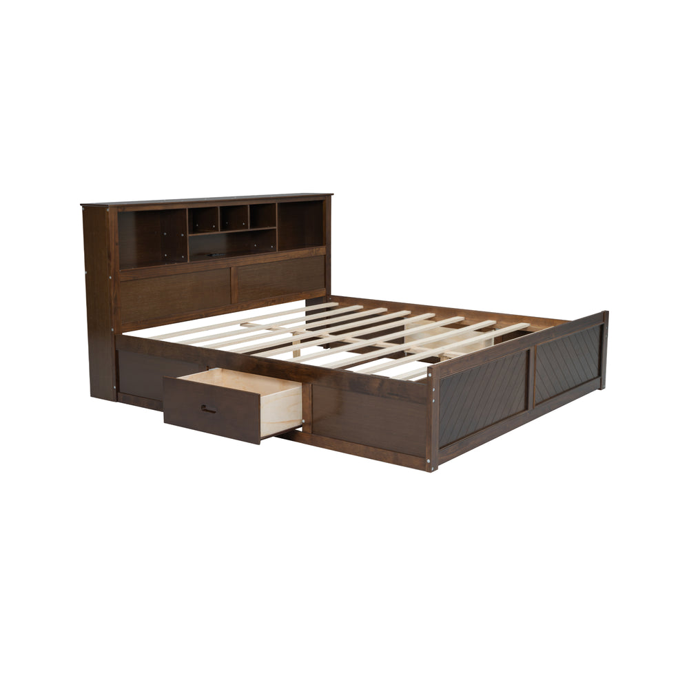 English Elm King Platform Bed with Multi-Storage Headboard, Built-In USB & Outlets, Side Drawers, Modern Design Wood GX000400AAD