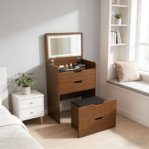 English Elm 3-in-1 Walnut Vanity Desk with Led Lighted Flip Mirror Stool Compact Bedroom Station W2699P404629
