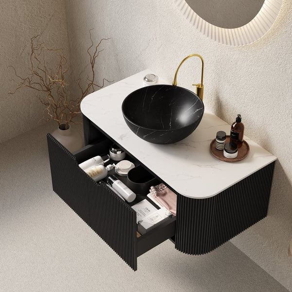 English Elm Dina Floating Bathroom Vanity Sintered Stone Top Glass Basin Striped Plywood Cabinet W2615S00409