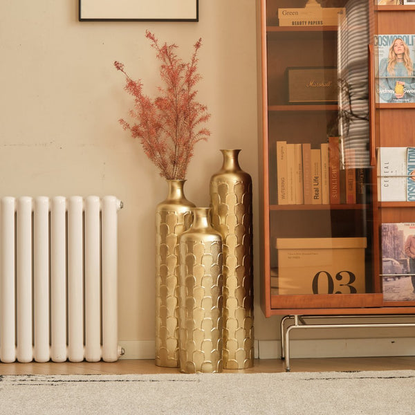 English Elm Floor Metal Vases Set Of 3 - Elegant Tall Decor With White And Gold Accents For Modern Interiors W2796P237520