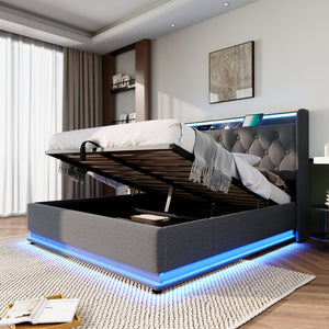 English Elm Queen Upholstered Bed with Surround LED, App/Remote Control, Hydraulic Storage, USB Type-C Charging Gray N736P188807G