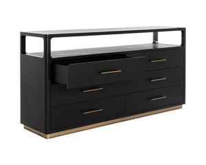 Sunpan Danette Dresser - Minimalist Black Oak Design With Brass Hardware & Open Top Shelf For Decor Display Black Wood 111771