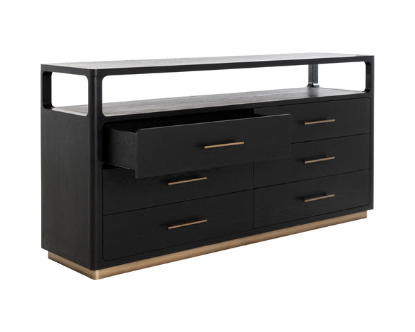 Sunpan Danette Dresser - Minimalist Black Oak Design With Brass Hardware & Open Top Shelf For Decor Display Black Wood 111771