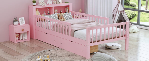 English Elm Twin Size Bed With Pink Finish, Headboard Storage, Under-Bed Drawers & Guardrails For Kids' Safety N733P272374H-GIGA