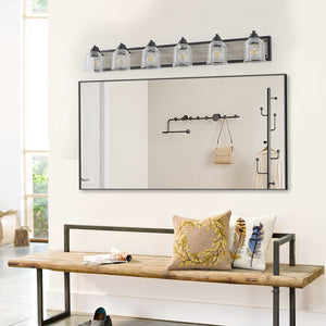 English Elm 49" Farmhouse Vanity Light Fixture - 6-Light Industrial Bathroom Sconce with Clear Seeded Glass Shades, Black Wood Finish W2312P374829