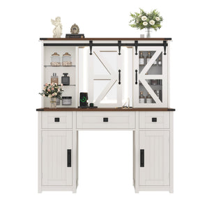 English Elm 43.3" Rustic Farmhouse Vanity Desk with Led Mirror Barn Door Stool Charging Station N704P328548A