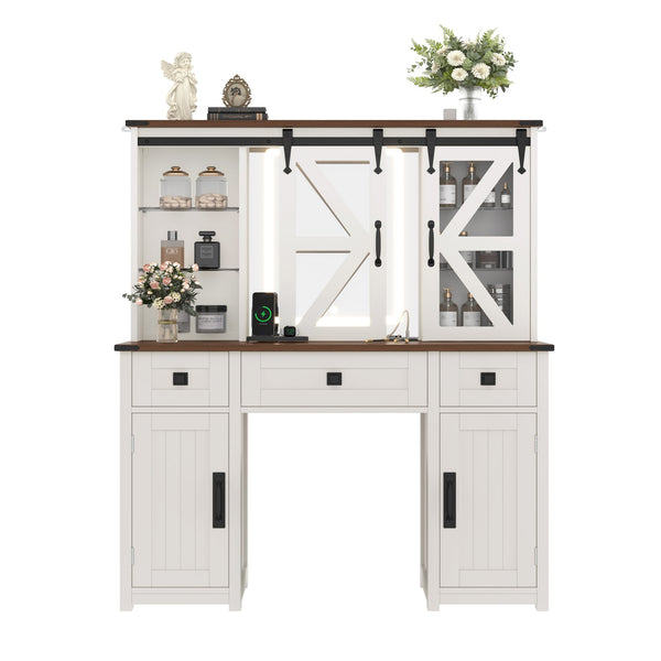 English Elm 43.3" Rustic Farmhouse Vanity Desk with Led Mirror Barn Door Stool Charging Station N704P328548A