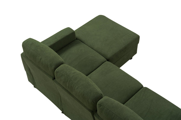 English Elm 98.8" Corduroy U-shaped Sectional with Modular Ottomans and Dense Foam for Family Rooms Green W5515S00031