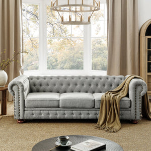 English Elm Chesterfield Linen Tufted 3-Seater Sofa with Scrolled Arms and Nailhead Trim, Durable Plywood Frame Gray W1413S00094