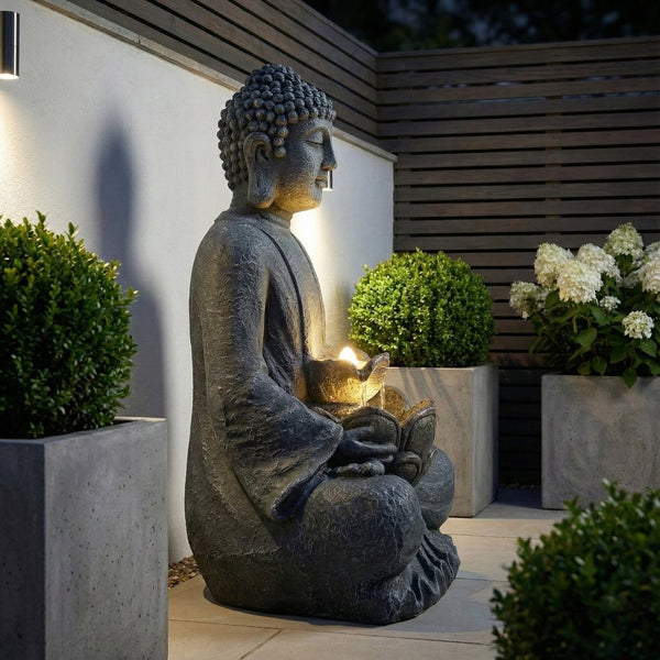 English Elm Zen-style Buddha Fountain Two Tier Lotus Polyresin Led Garden Patio Decor W853P412663