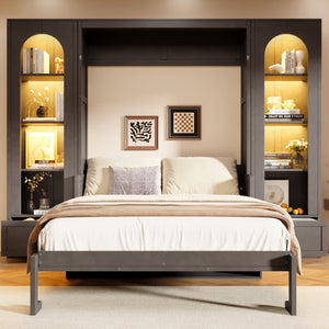 English Elm Queen Murphy Bed with Led Lighting Side Cabinets Shelving and Fold Down Desk Panel Gray N7090002226E-1
