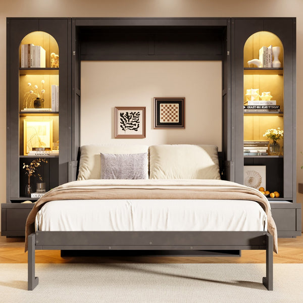 English Elm Queen Murphy Bed with Led Lighting Side Cabinets Shelving and Fold Down Desk Panel Gray N7090002226E-1