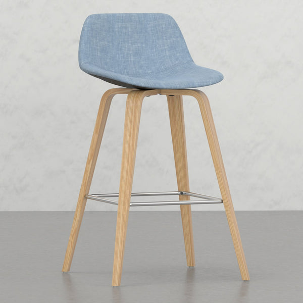 English Elm Harvard Bentwood Counter/Bar Height Stool Set of 2 - Denim Blue Linen-Look Seats, Mid-Century Wood Frame, Chrome Footrest B2732P253615